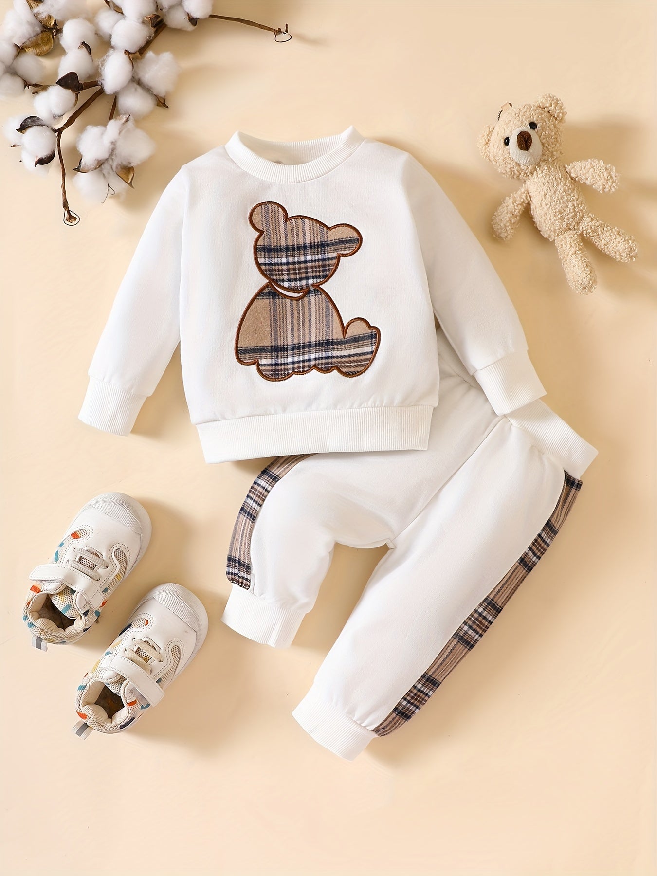 Baby Plaid Bear Embroidery Set Sweatshirt Tops Pants