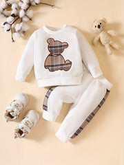 Baby Plaid Bear Embroidery Set Sweatshirt Tops Pants