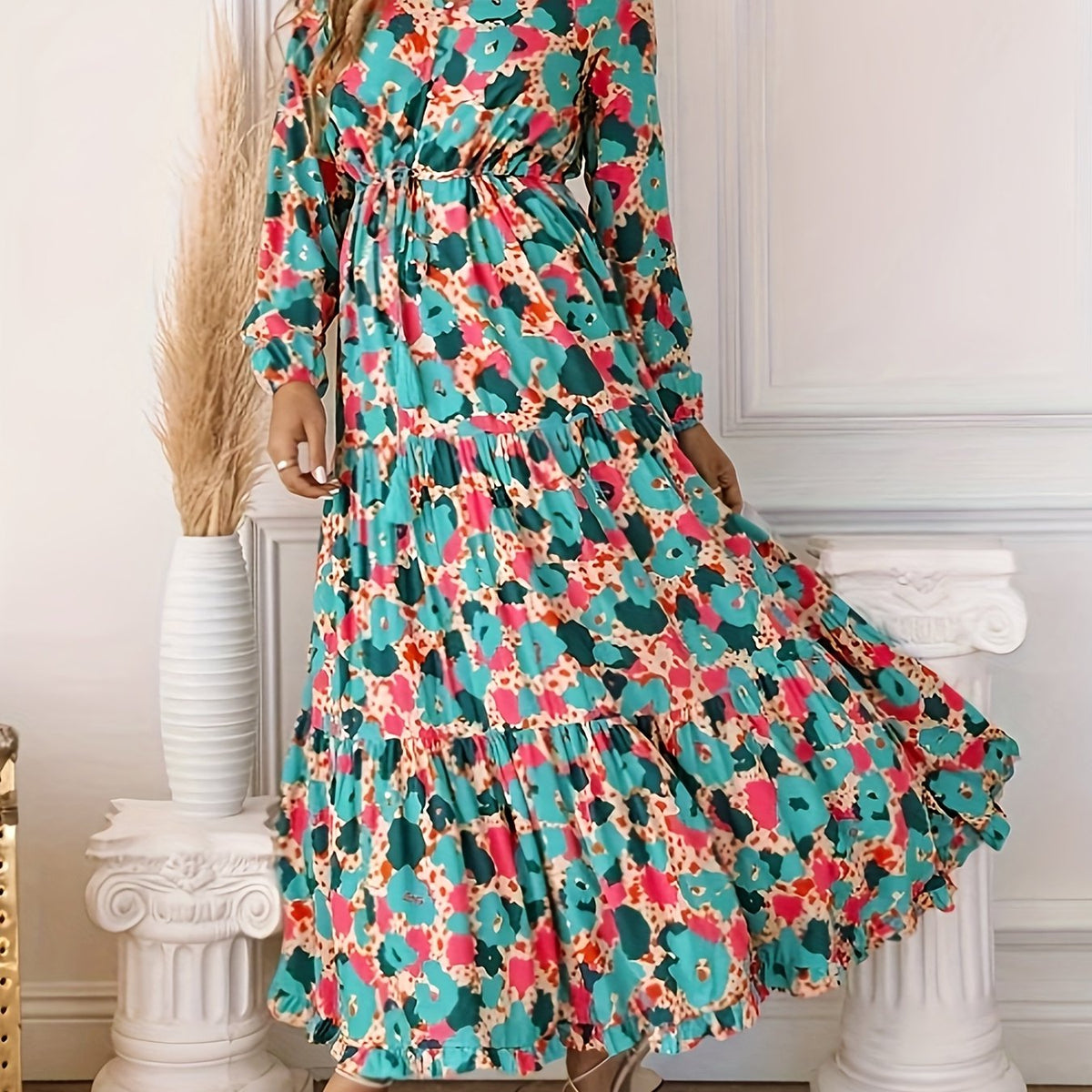 Plus Floral Print Long Sleeve V Neck Smock Dress