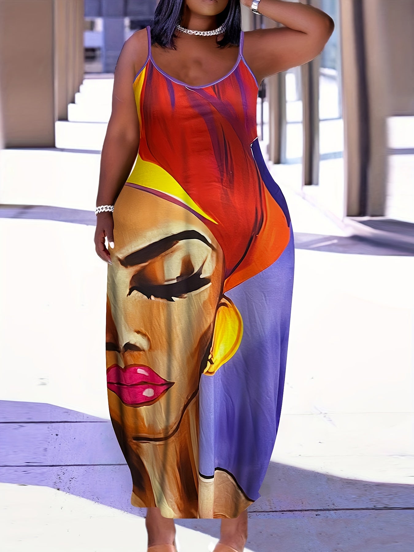  Colorblock Figure Print Maxi Cami Dress