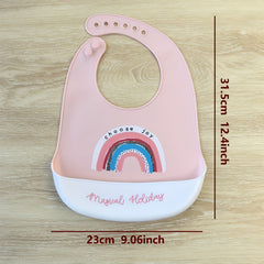Goldcolin 1pc Silicone Kids Bib Pink Waterproof w/ Rainbow Crown & Space Themes