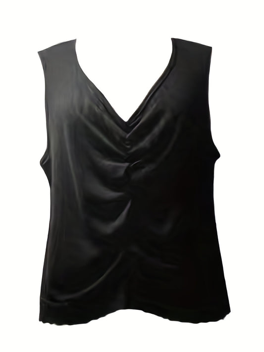  Sexy Tank Top Women's Plus Solid Ruched Front V Neck Medium Stretch
