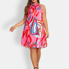  Casual Dress Women's Plus Random Print Halter Neck Keyhole Back Dress