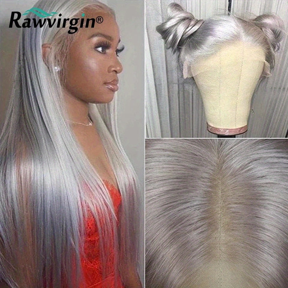 13x4 Silk Grey Straight Lace Frontal Human Hair Wig Preplucked Colored Brazilian