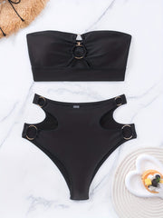 Ring Linked Bandeau Bikini Set Solid Two Piece Swimsuit