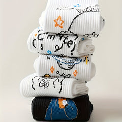 5 Pairs Cartoon Print Socks Comfy & Mid Tube Socks Women's Stockings