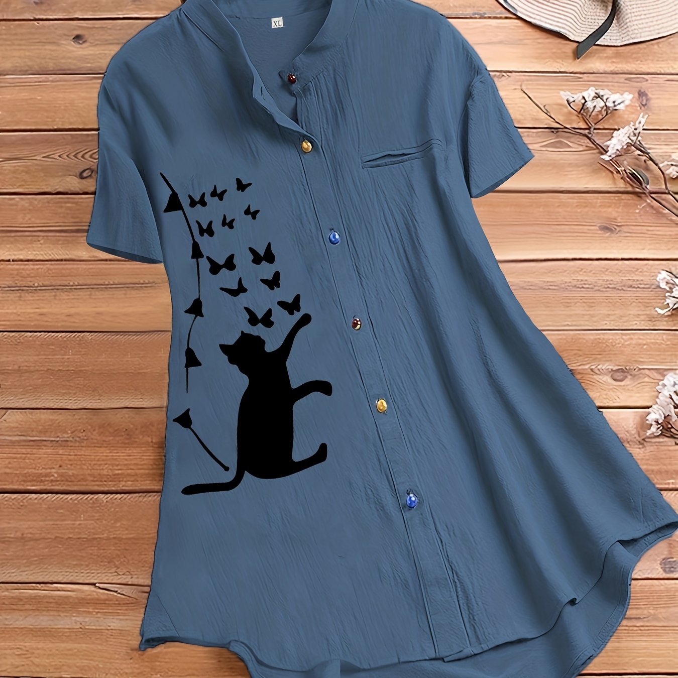 Cat Print Short Sleeve Button Shirt
