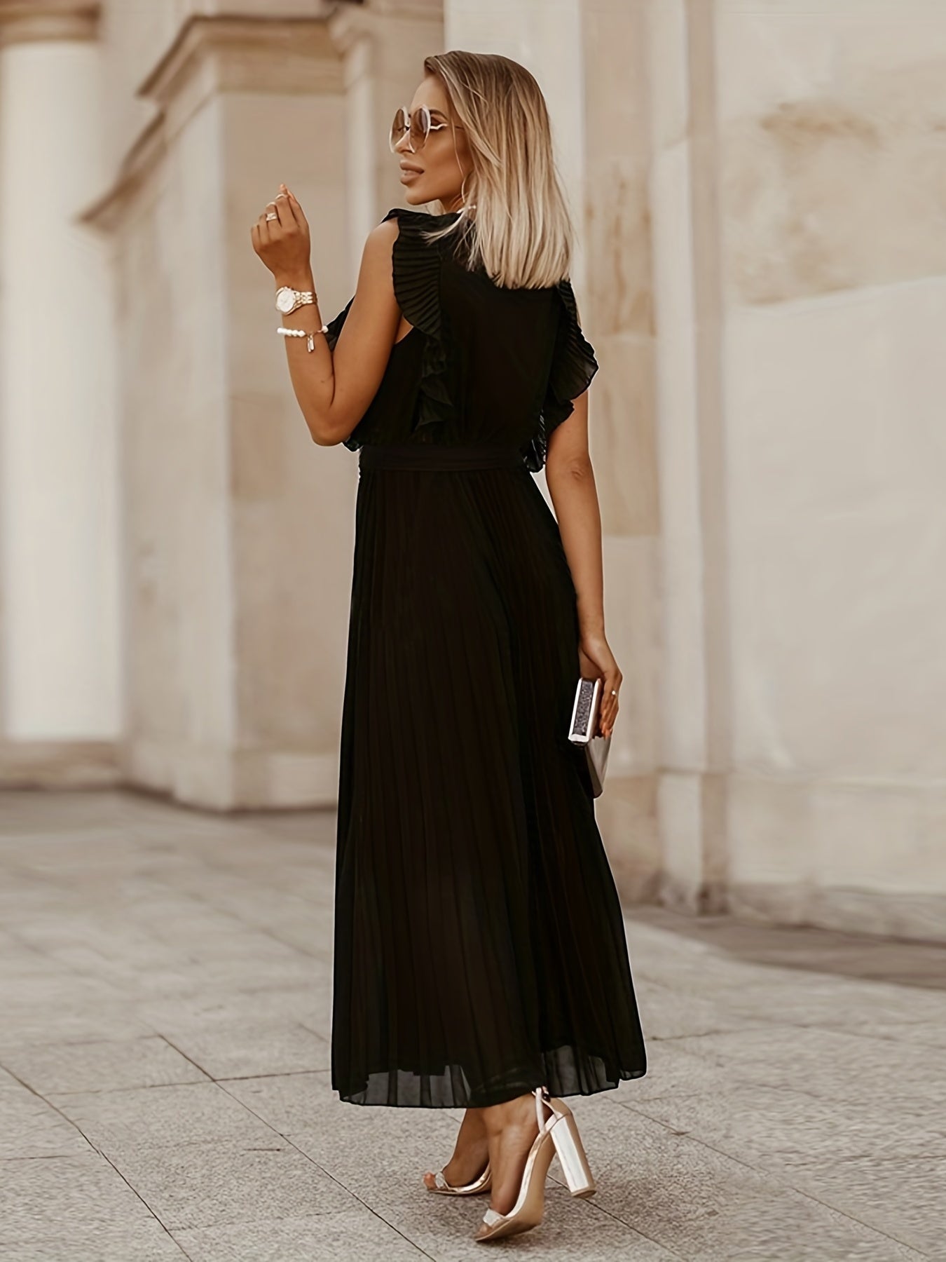 V Neck Pleated Ruffle Maxi Party Dress