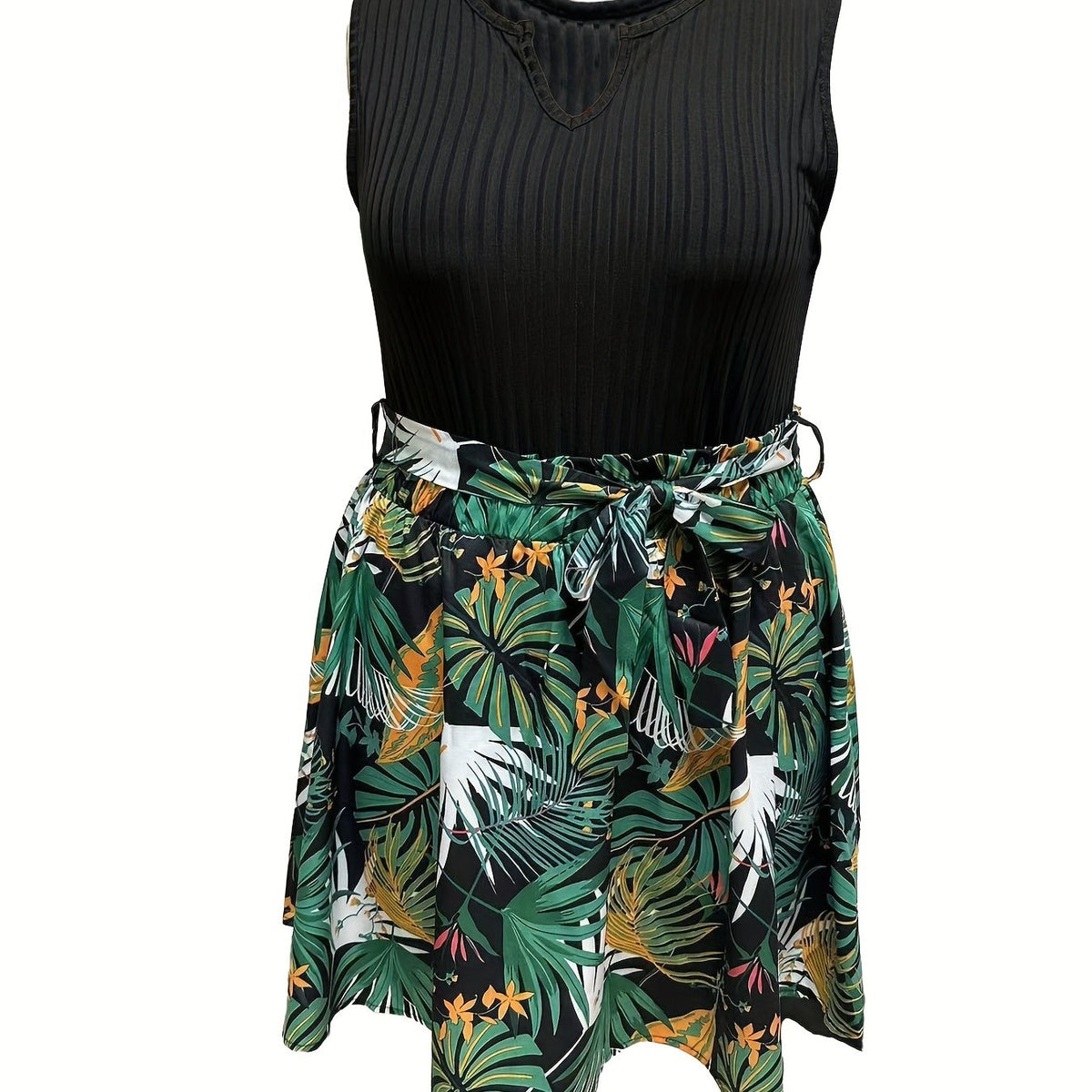  Solid Notched Neck Tank Top & Tropical Print Skirt Outfit