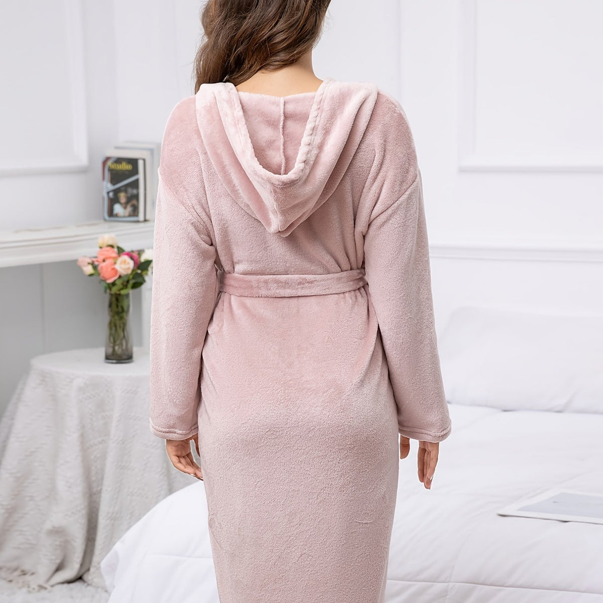 Cozy Fuzzy Hooded Night Robe Long Sleeve With Belt & Pockets