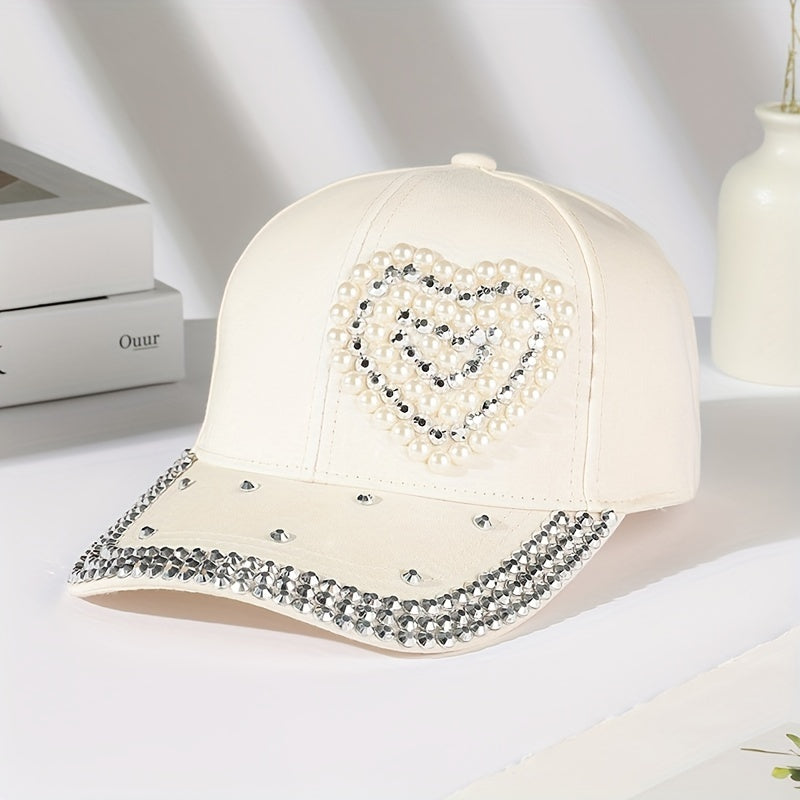 Pearl Rhinestone Baseball Cap Beige Sunshade Dad Hat For Women