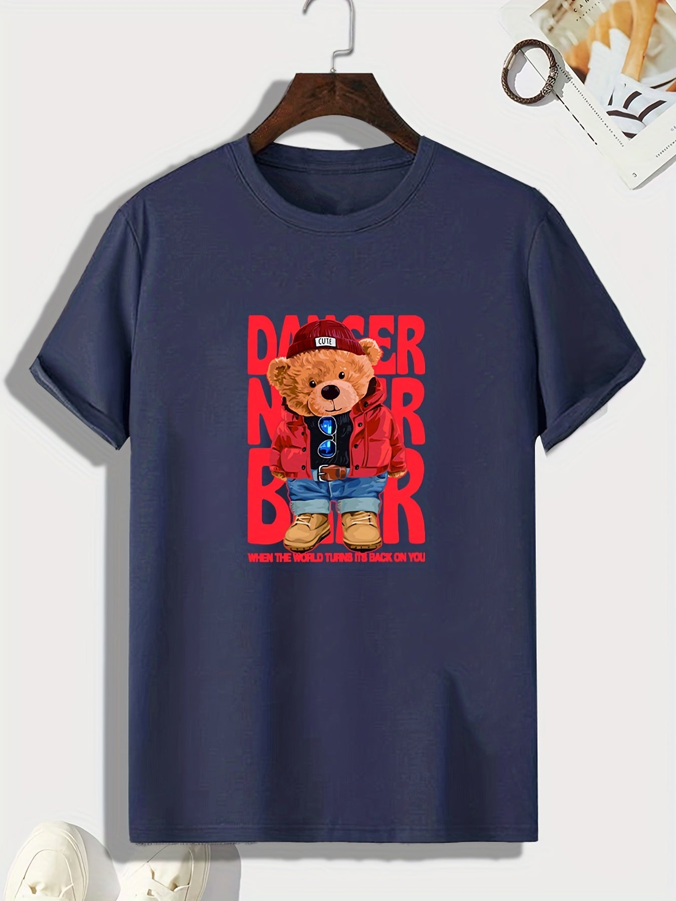 Bear Pattern Print Men's Comfy Sports T shirt Graphic Tee