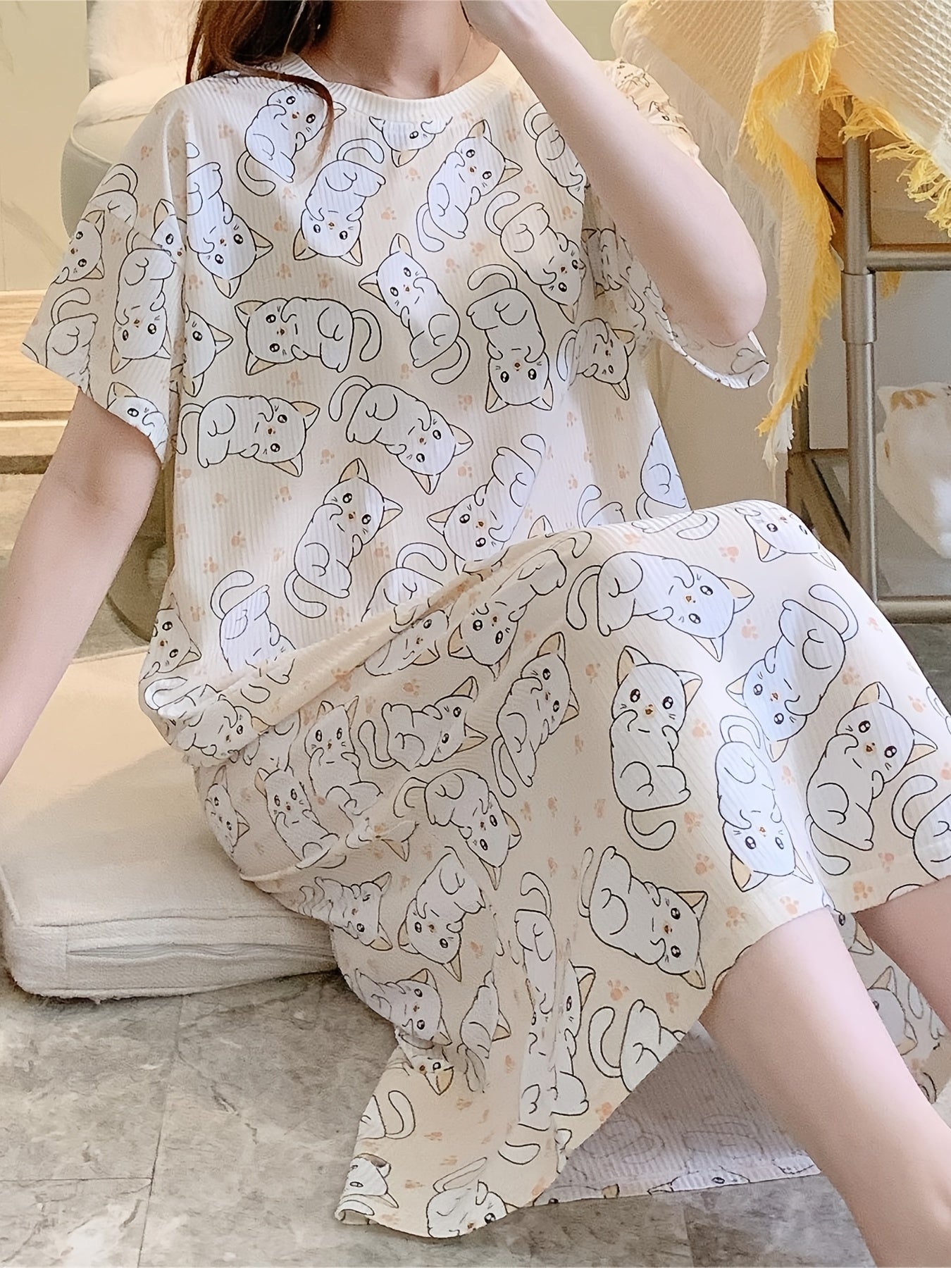 Cat Pattern Sleep Dress Casual & Comfy Short Sleeve Loose Women's Sleepwear