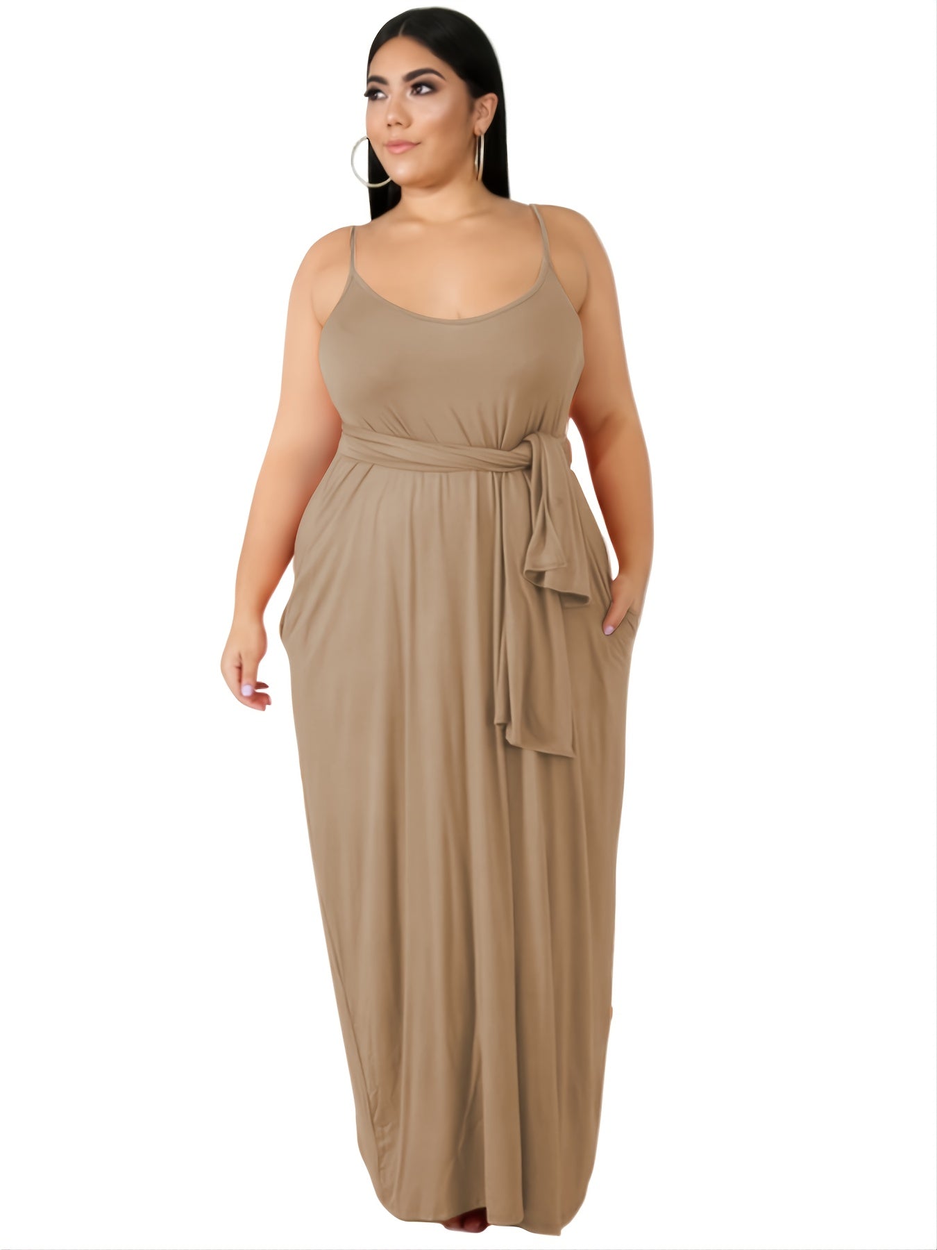 Solid Cami Maxi Dress With Pocket Women's Plus