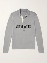 Amour Pattern Knit Polo Shirt Men's Casual Lapel Stretch V Neck Pullover Sweater