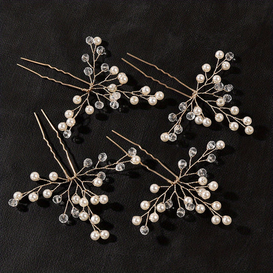 4pcs Wedding Hairpin Bridal Hair Accessories Faux Pearl Crystal U shaped