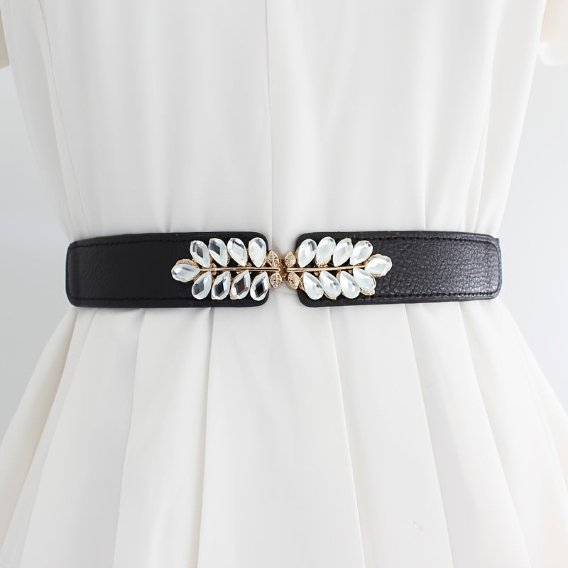 Women's Flower & Leaf Rhinestone Elastic Belt All-match Waist Cover