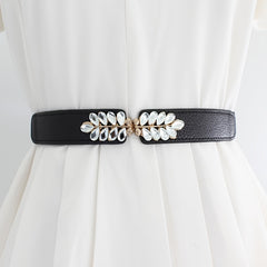Women's Flower & Leaf Rhinestone Elastic Belt All-match Waist Cover