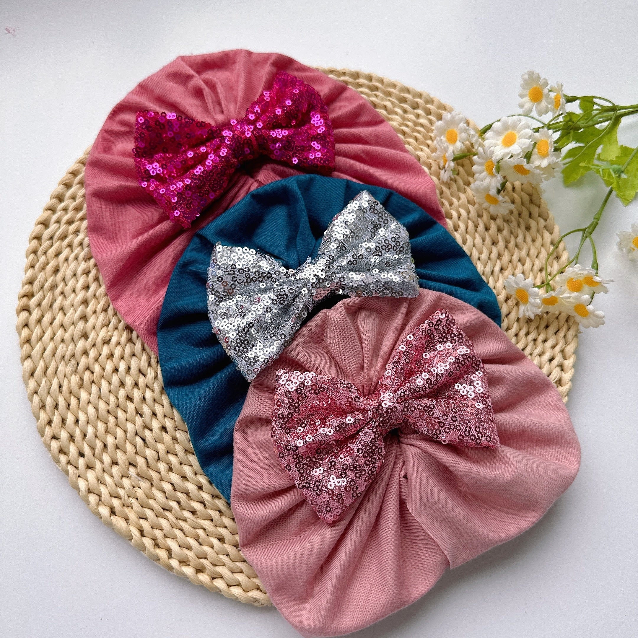 Soft Elastic Baby Sequin Bow Hat For Boys And Girls