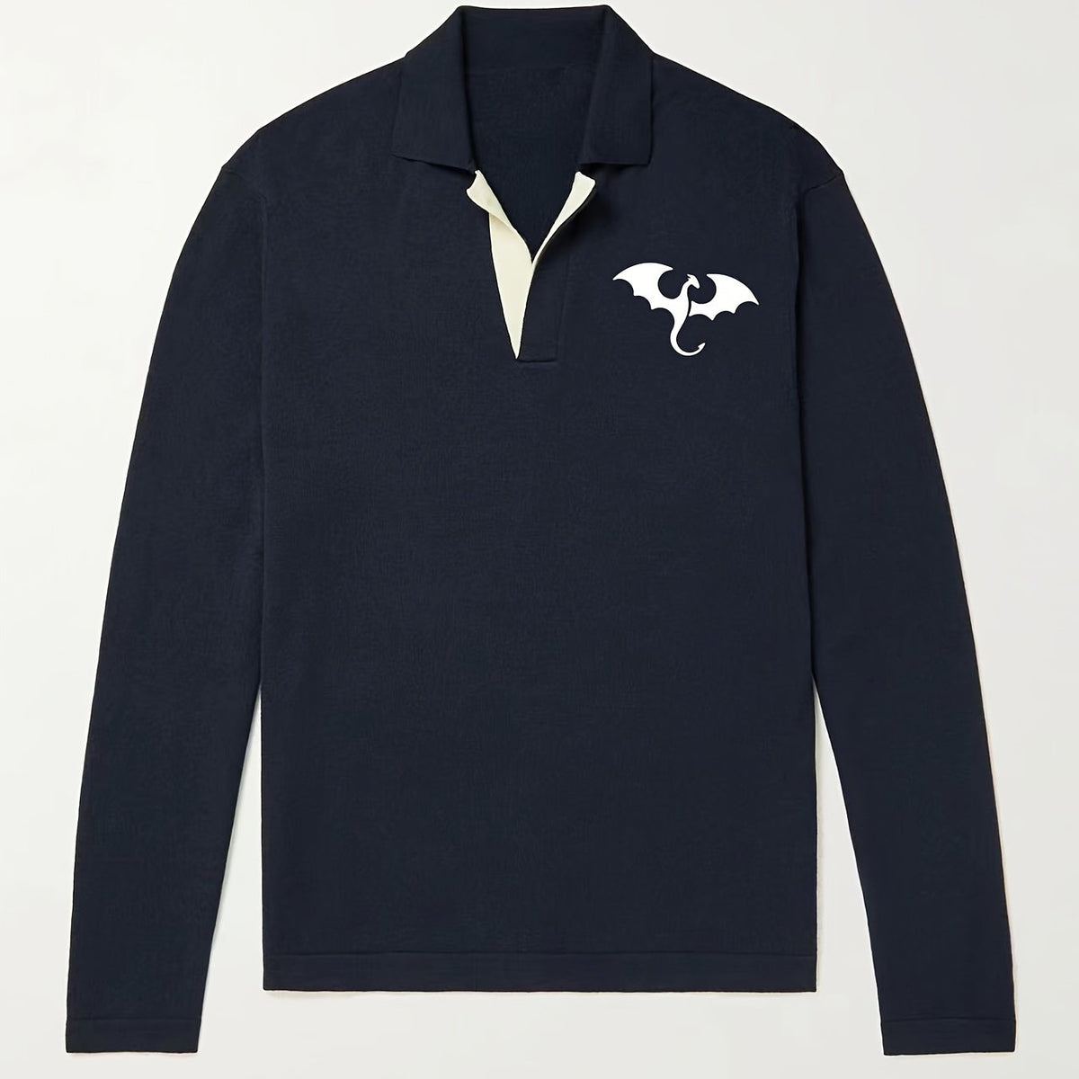 Dragon Pattern Knit Polo Shirt Men's Casual Lapel Middle Stretch V Neck Pullover