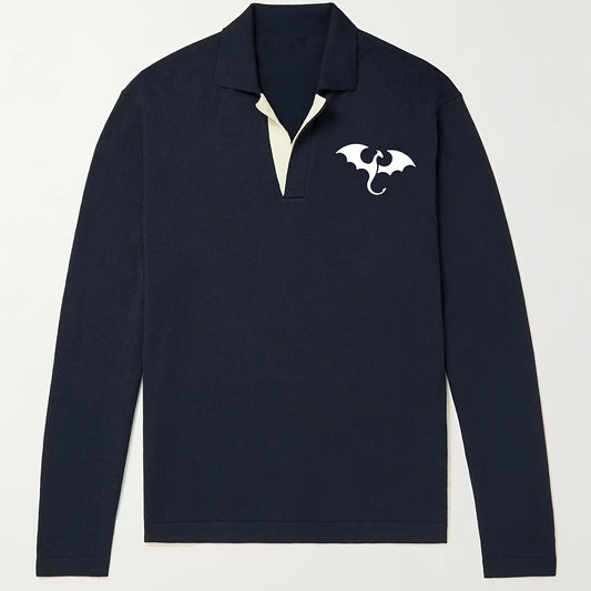 Dragon Pattern Knit Polo Shirt Men's Casual Lapel Middle Stretch V Neck Pullover