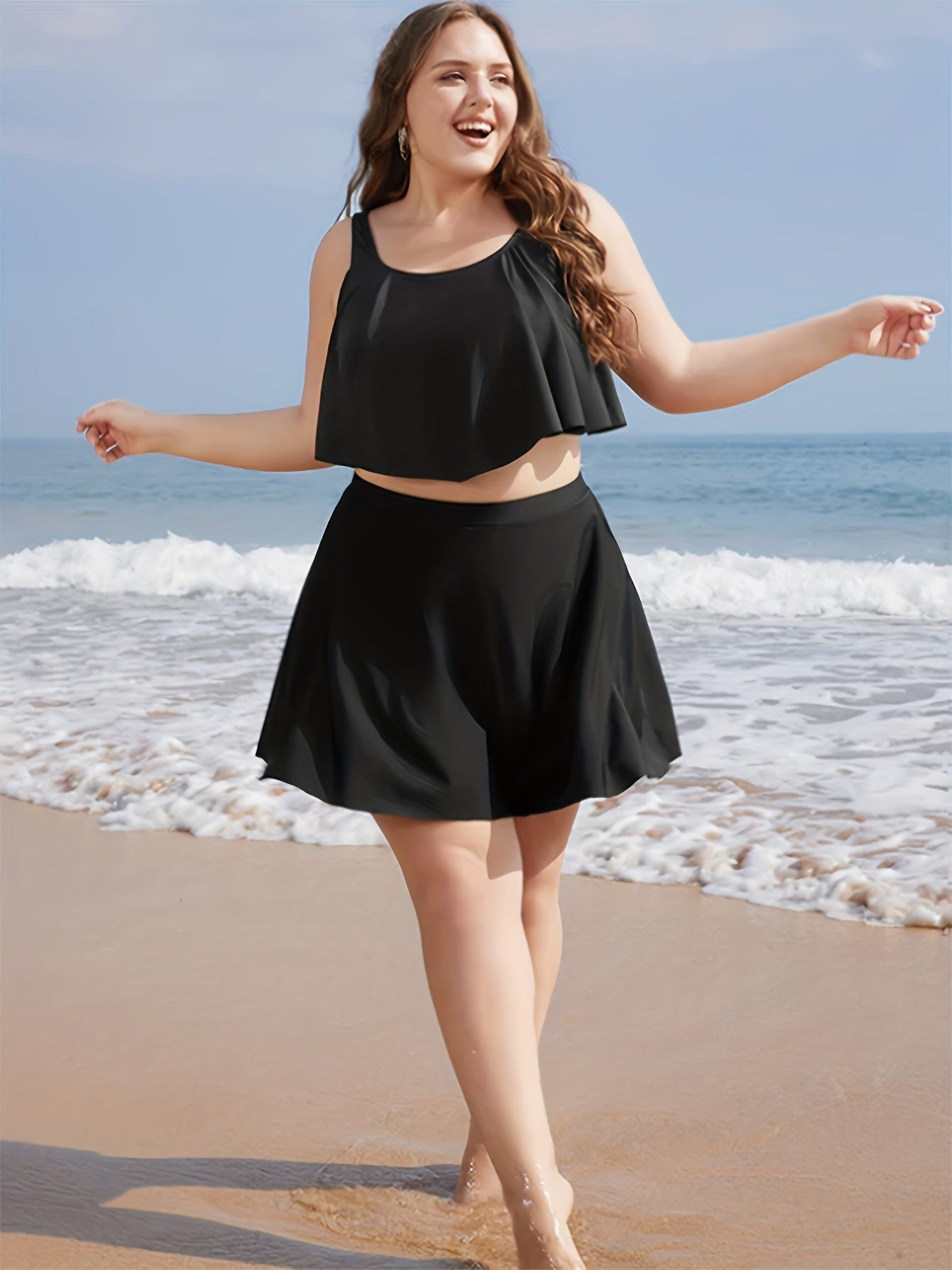  High Waisted Beach Skort Solid Stretch Bikini Bottoms