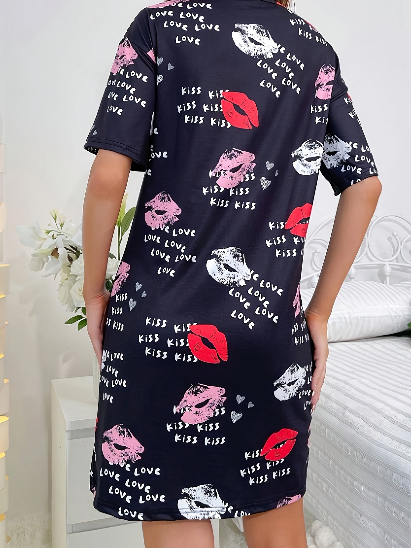 Lips & Letter Print NightDress Short Sleeve