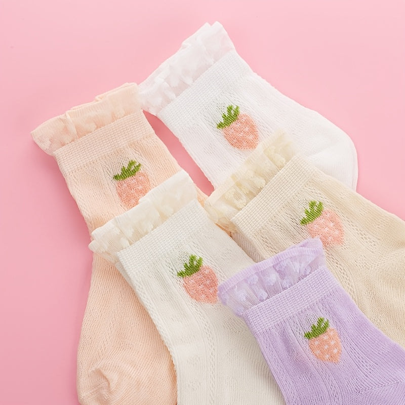 5 Pairs Girls Thin Floral Socks Spring Summer Accessories