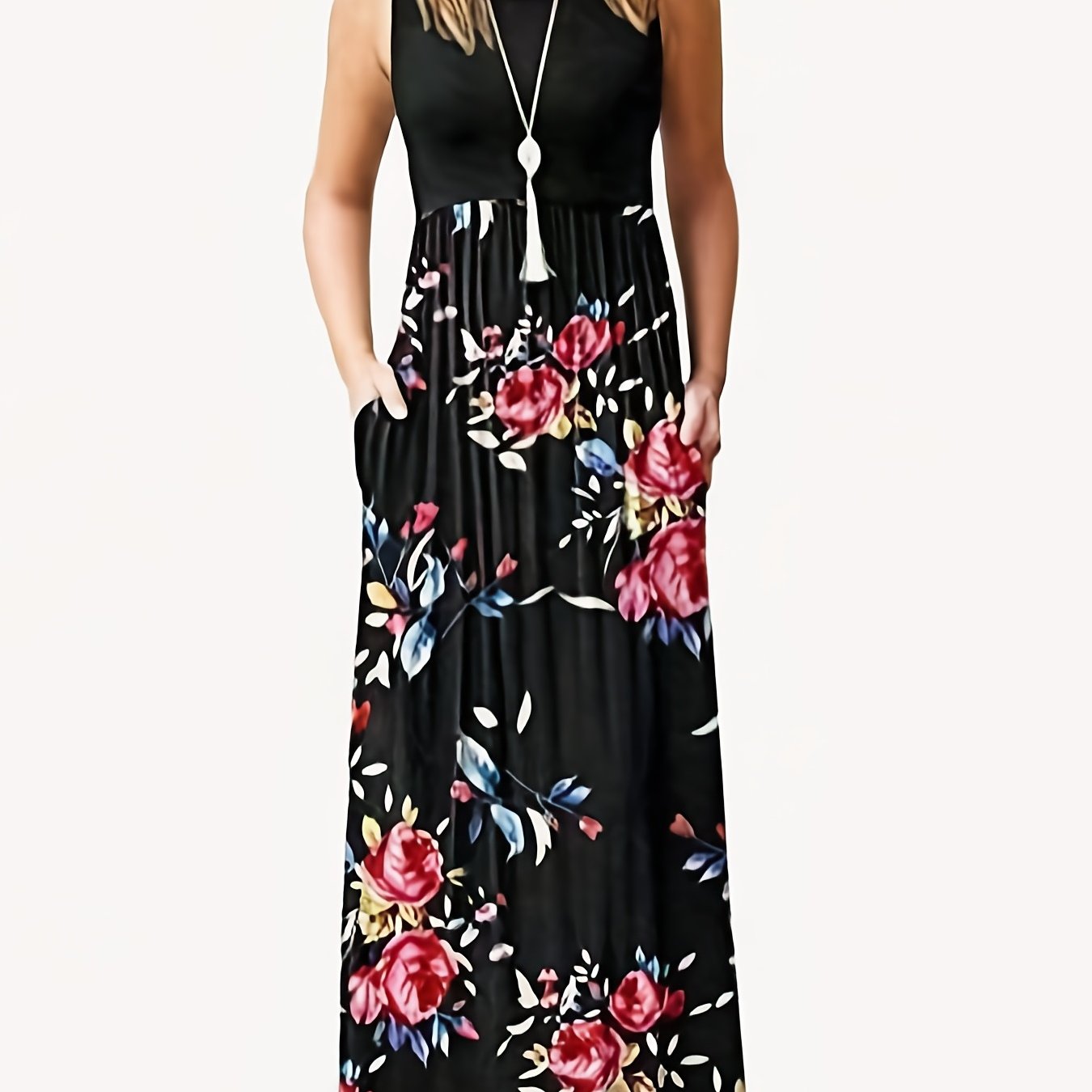  Floral Print Tank Maxi Dress With Pockets