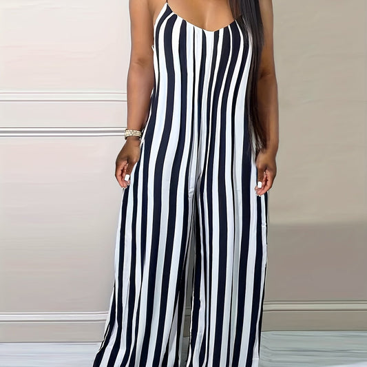 Stripe Print Cami Jumpsuit Spaghetti Strap Women's Clothing