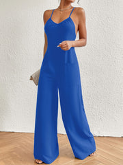 Wide Leg Spaghetti Strap Jumpsuit Casual Solid Sleeveless Jumpsuit With Pocket