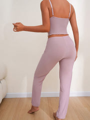 Lace Trim Pajama Set Sleeveless V Neck Cami Top & Pants