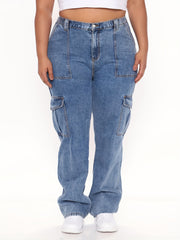 Women's Plus Button Fly High Rise Straight Leg Cargo Jeans