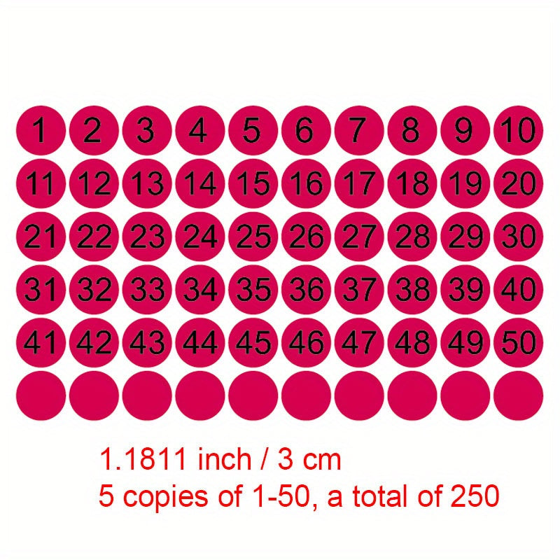 250 Round Number Stickers 1-50 Pack, Marker Sign Stickers