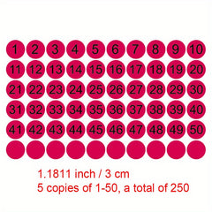 250 Round Number Stickers 1-50 Pack, Marker Sign Stickers