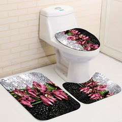 Flower Pattern Waterproof Shower Curtain Set with 12 Hooks