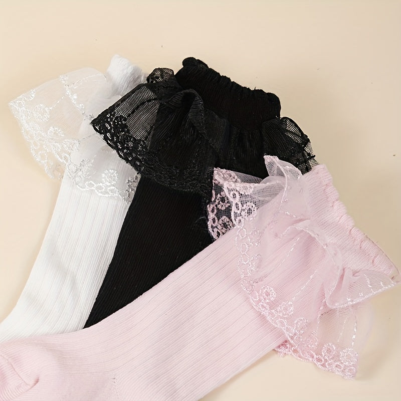 3 Pairs Girls Kids Lace Trim Crew Socks Lightweight & Comfy Children s Stockings