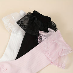 3 Pairs Girls Kids Lace Trim Crew Socks Lightweight & Comfy Children s Stockings
