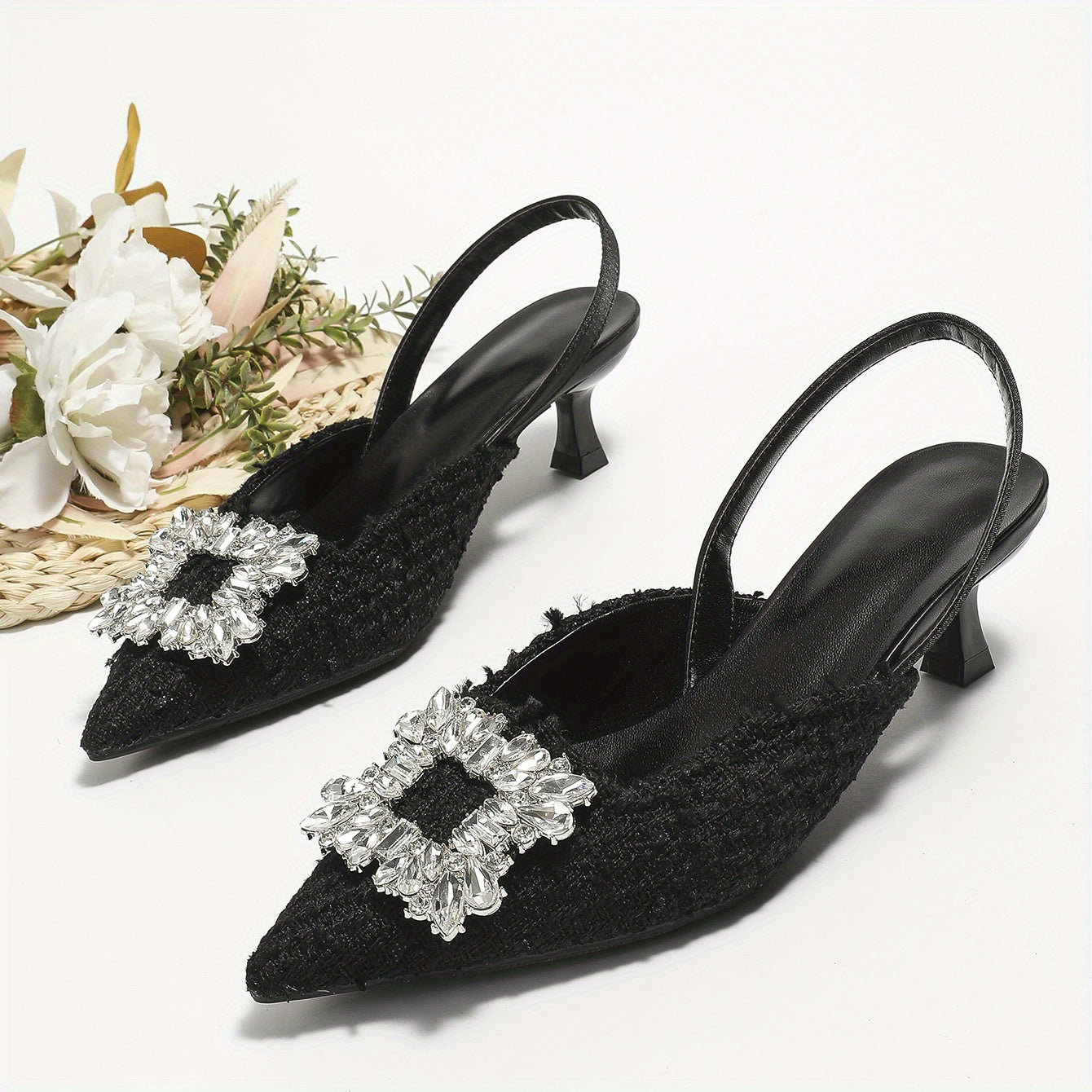 Women's Tweed Slingback Kitten Heels Rhinestone Square Buckle Slip On Sandals
