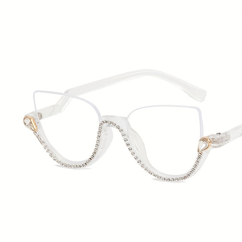 Cat Eye Clear Lens Glasses Rhinestone Decor Semi Rimless Party Glasses
