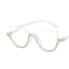 Cat Eye Clear Lens Glasses Rhinestone Decor Semi Rimless Party Glasses