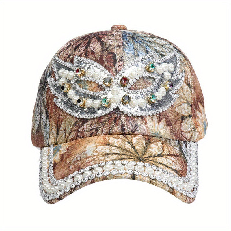 Rhinestone Baseball Cap Y2K Faux Pearl Leaf Flower Hat