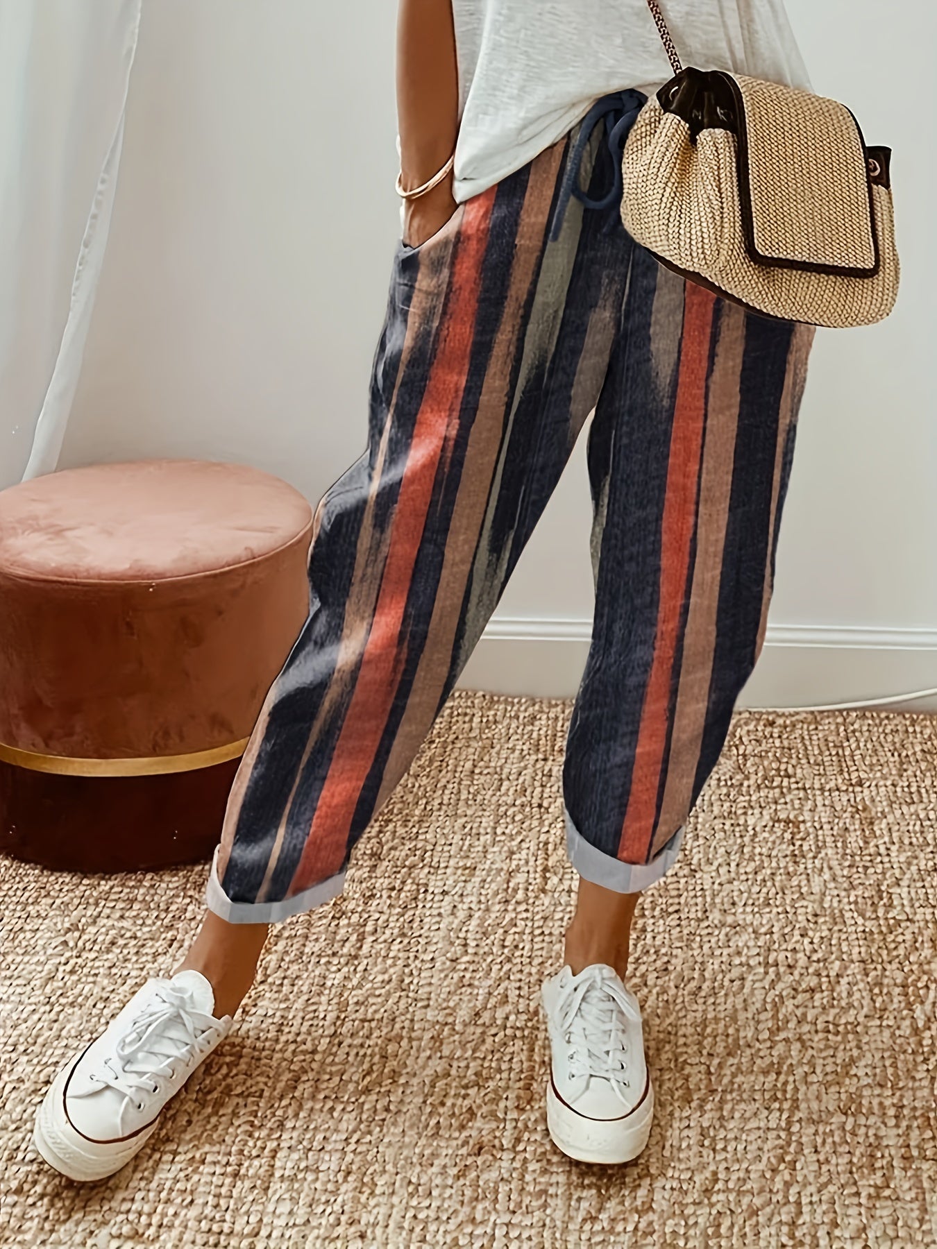  Stripe Print High Rise Loose Trousers