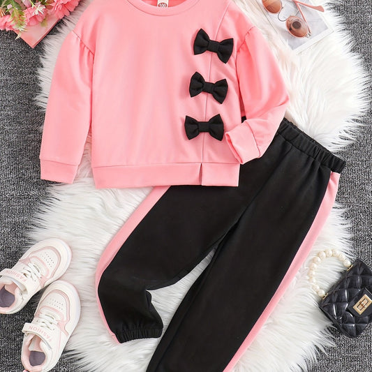 Girls 2pcs Sweatshirt & Pants Set Bow Decor Long Sleeve Pullover Top Casual Kids