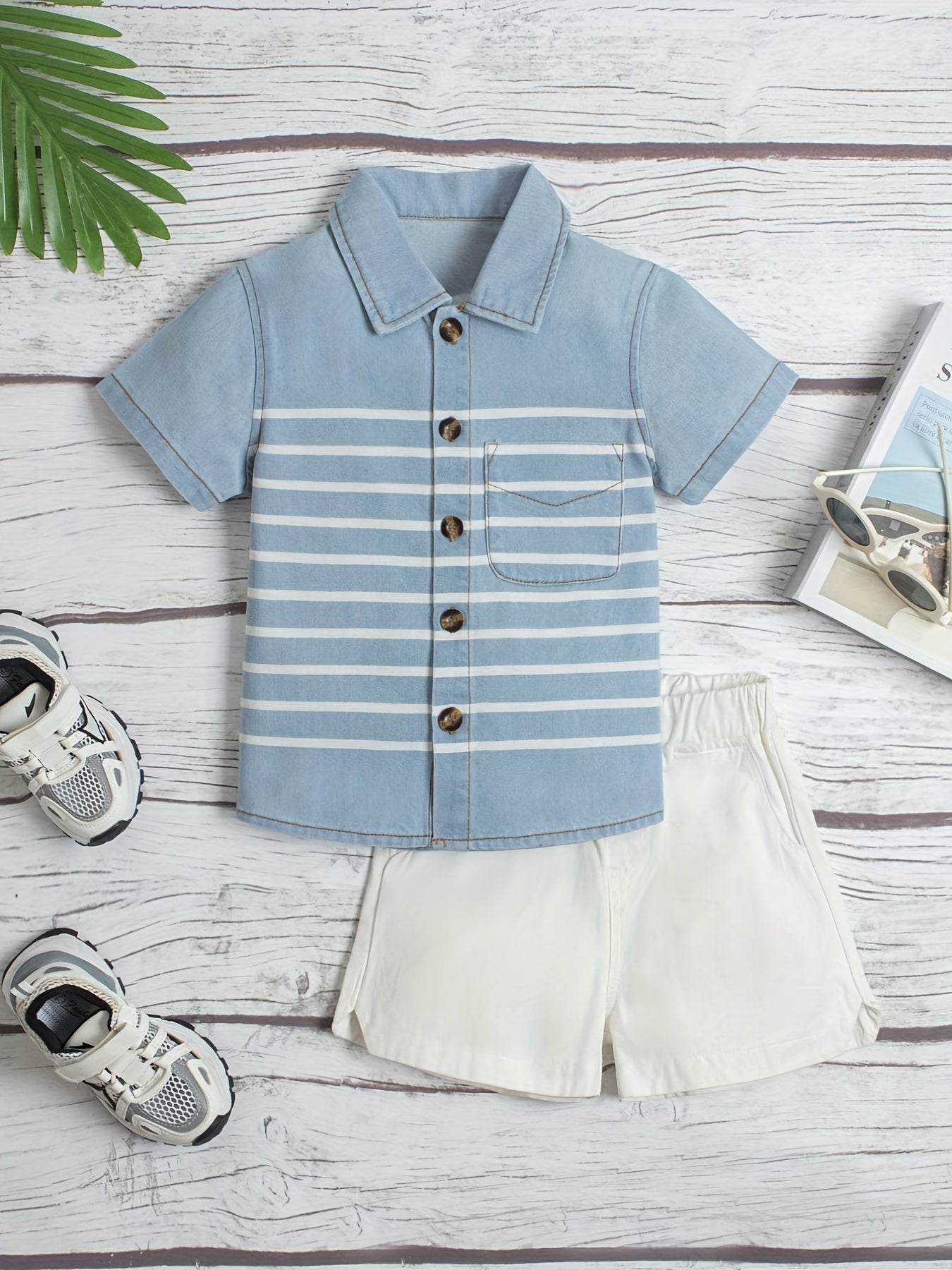 Boys Striped Denim Lapel Shirt Short Sleeve Button Down Tee