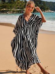  Leopard Print Cover Up Dress Bat Sleeve V Neck
