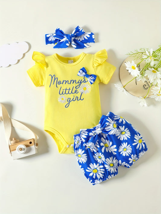 3pcs Infant Girls Mommy's Little Girl Onesie & Shorts & Headband Set