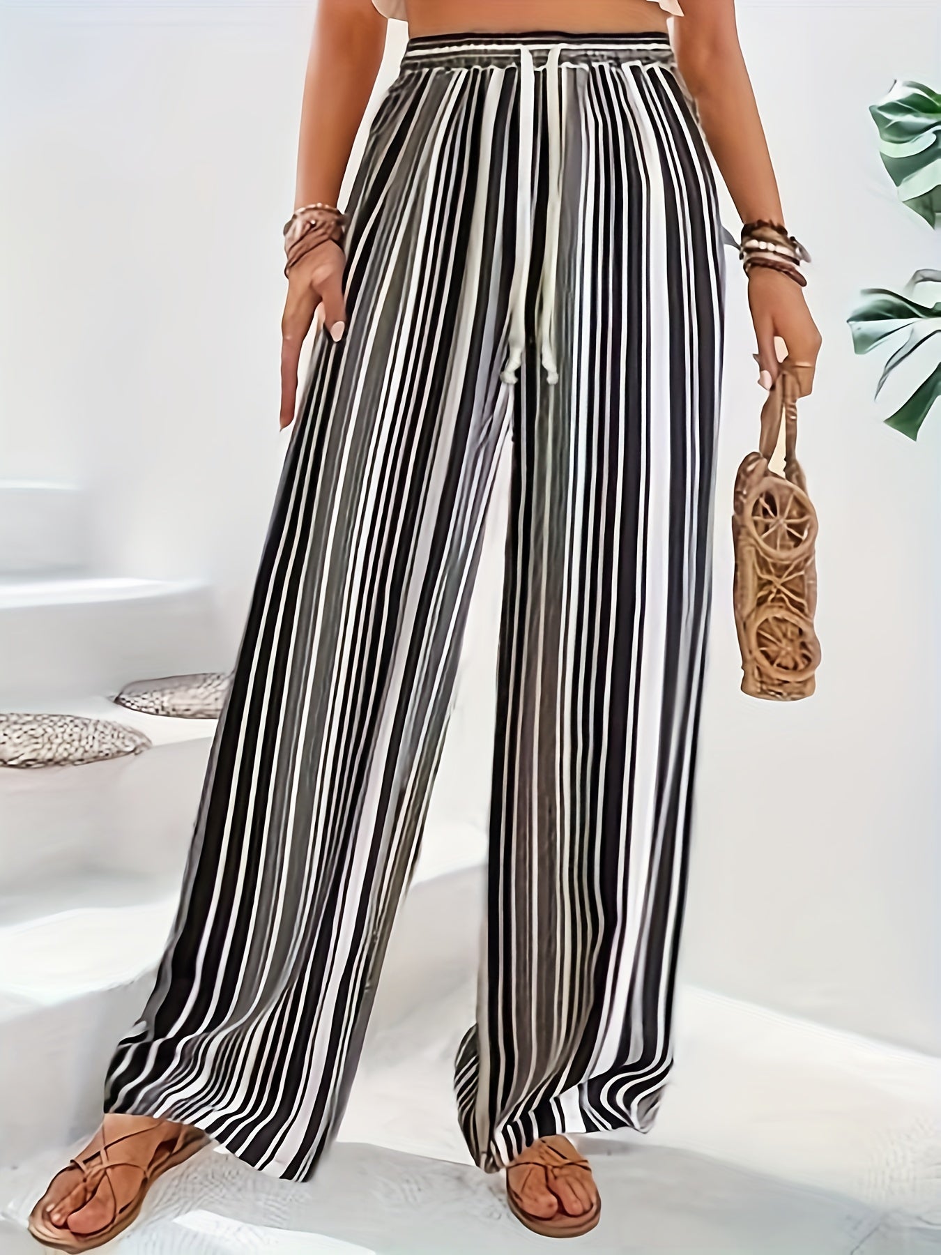  Stripe Print Wide Leg Drawstring Pants