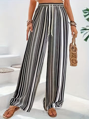  Stripe Print Wide Leg Drawstring Pants