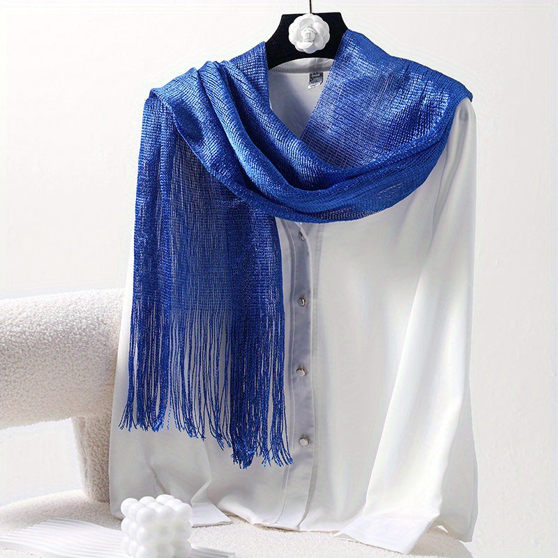 Silver Silk Feeling Shawl Elastici Scarf with Fringe